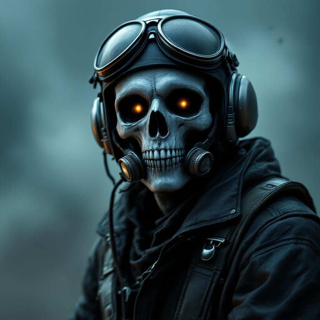 Ghostly Fighter Pilot with Skull Face in Stormy Sky