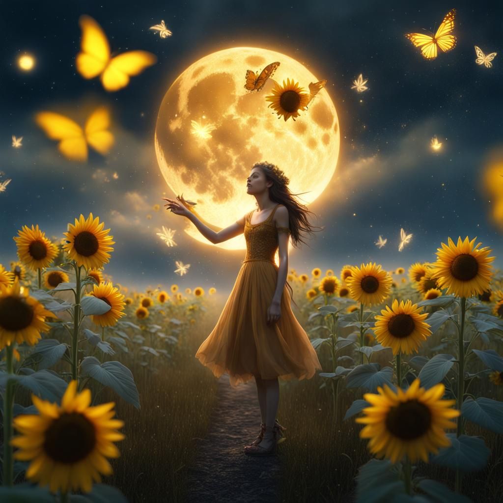 Fairies Catching Fireflies in Sunflower Field at Night