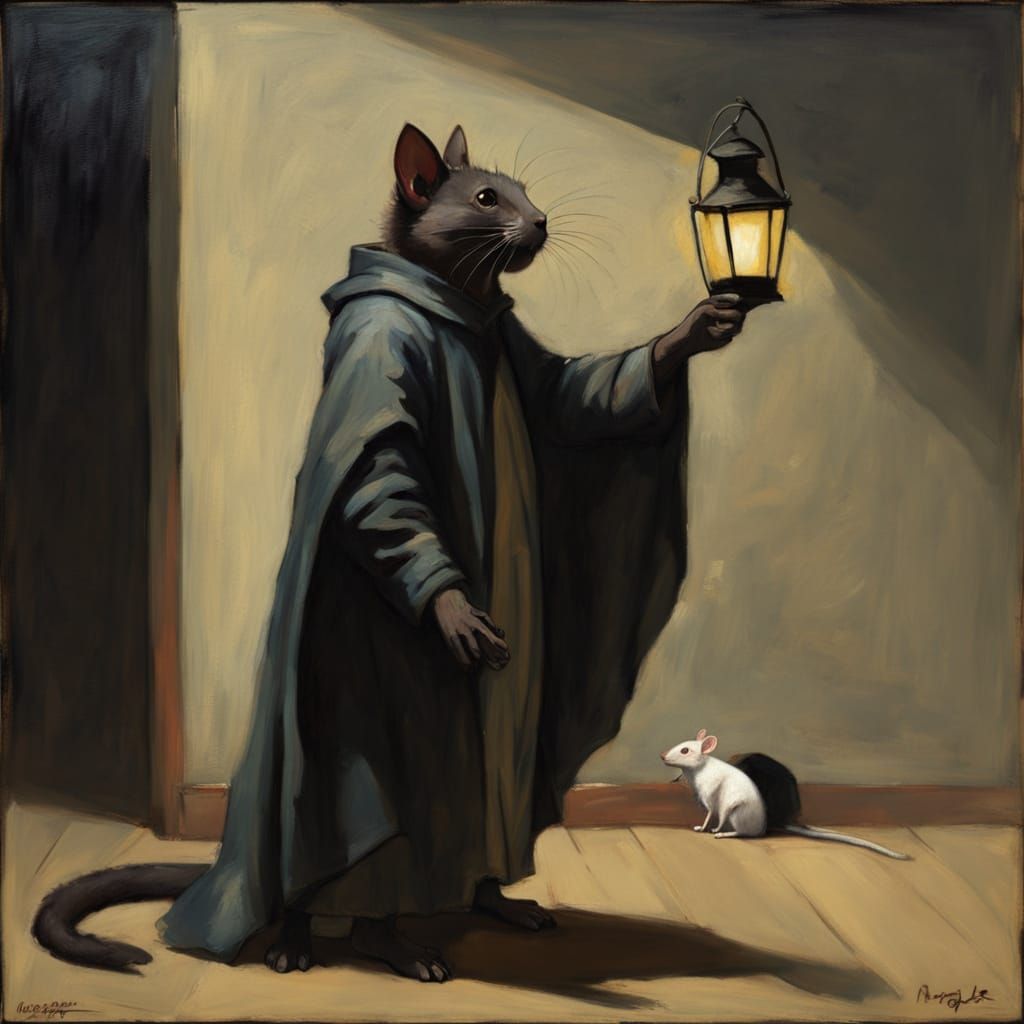 Cloaked Figure with Rat and Lantern in Expressionist Style