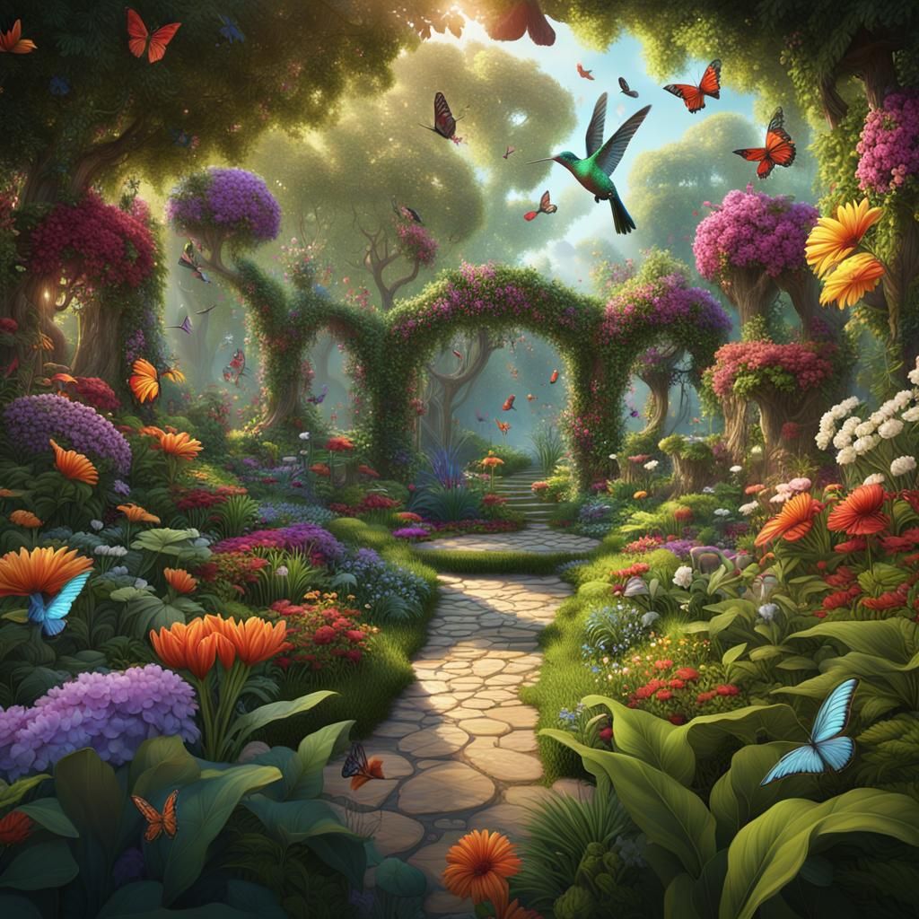 Lush Garden with Hummingbirds and Colorful Butterflies