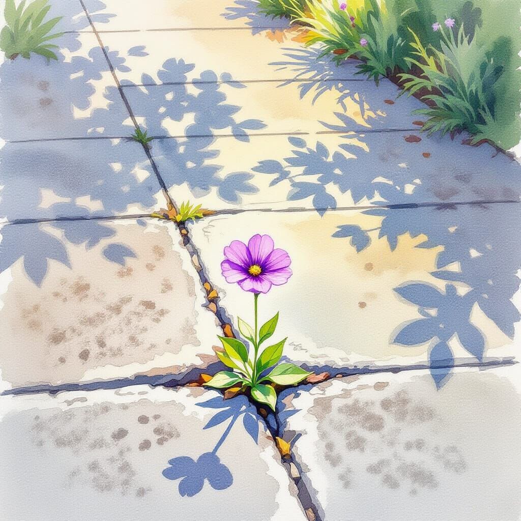 Purple Flower Blooms on Sidewalk: Watercolor Painting