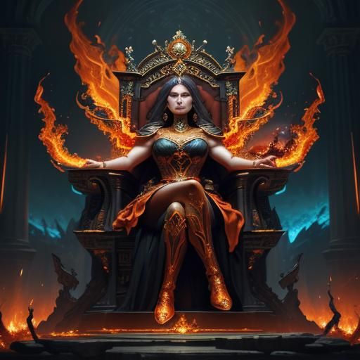 Beautiful powerful flame empress on her throne.