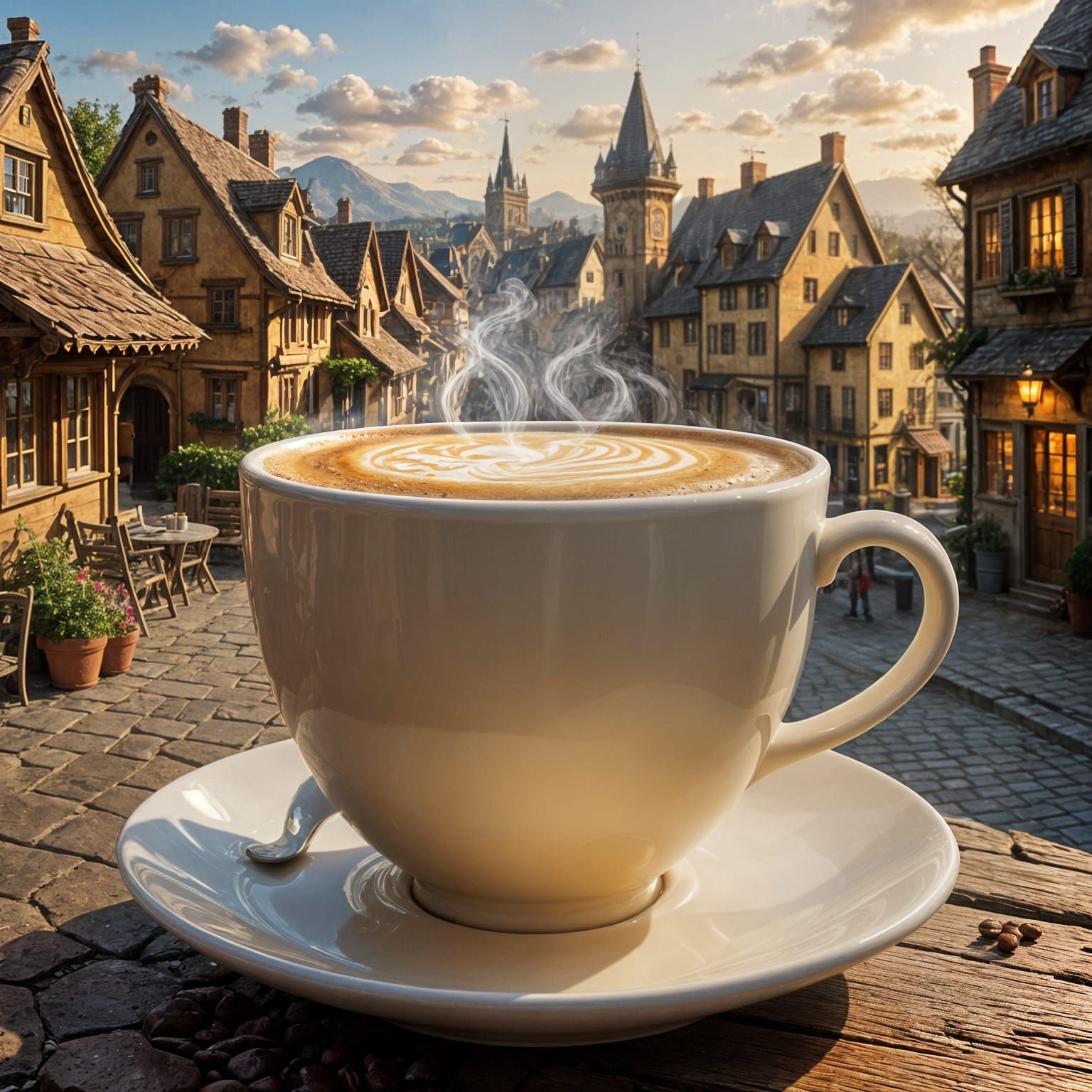 Giant Coffee Cup Cityscape in Golden Light