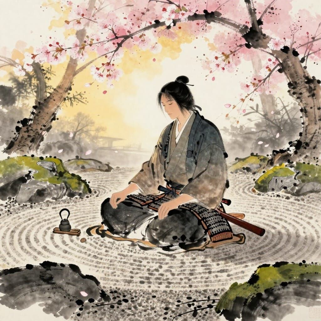 Samurai in Zen Garden with Cherry Blossoms, Sumi-e Style
