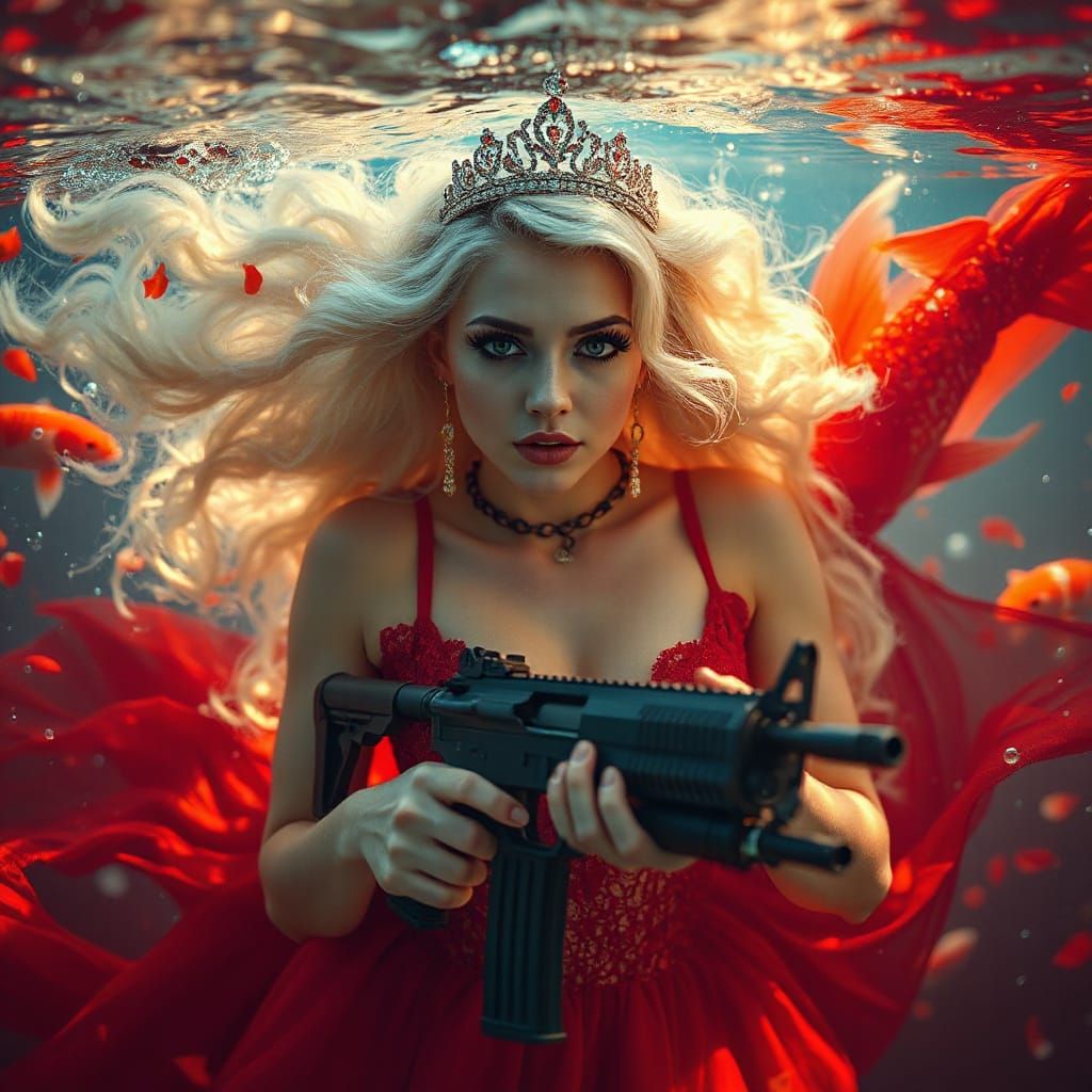 Mermaid Pinup with Machinegun in Neon Underwater Scene