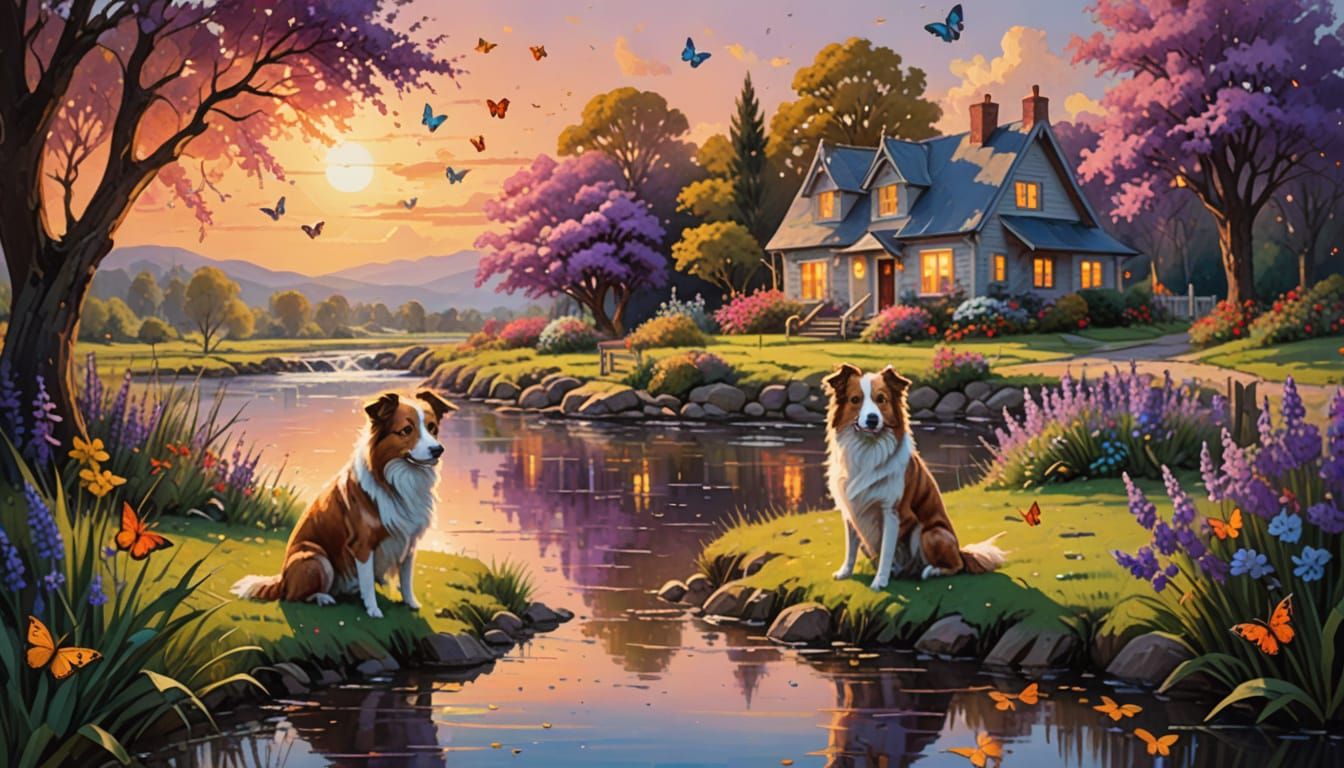 Whimsical Landscape with Border Collies and Vibrant Blooms i...