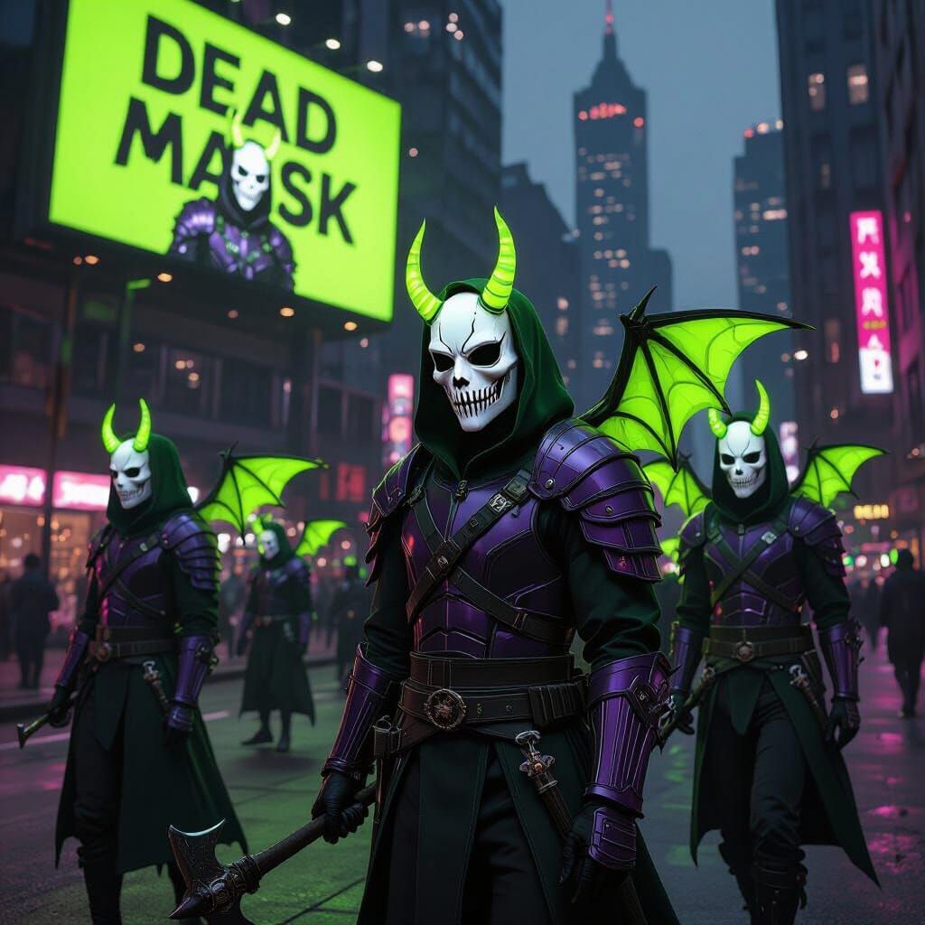 Lime Green Devils in Dark City with Skull Masks