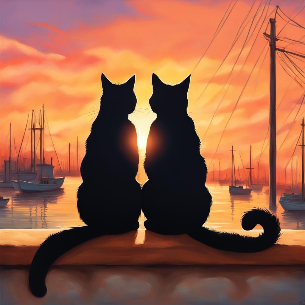 Cats Watching Sunset: Hyperrealistic Concept Art