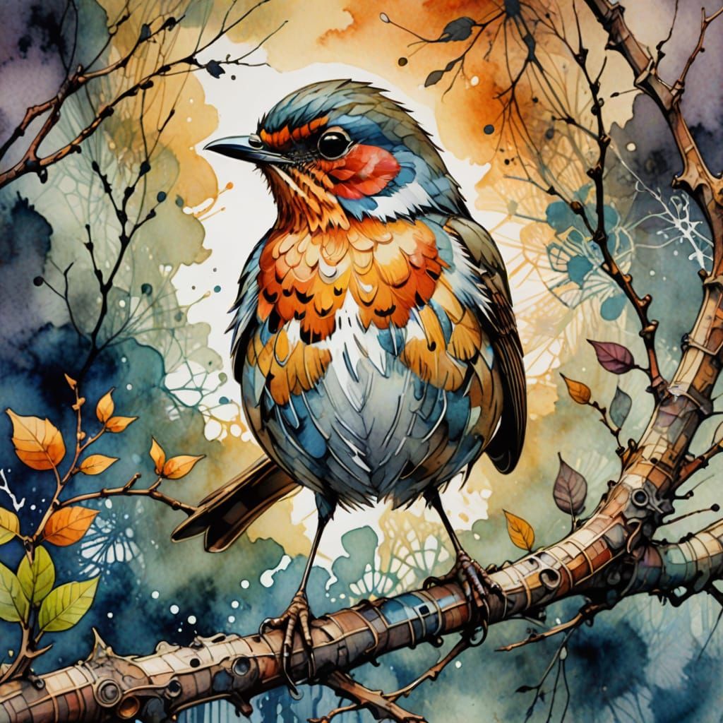 Proud Robin on Branch in Watercolour Style
