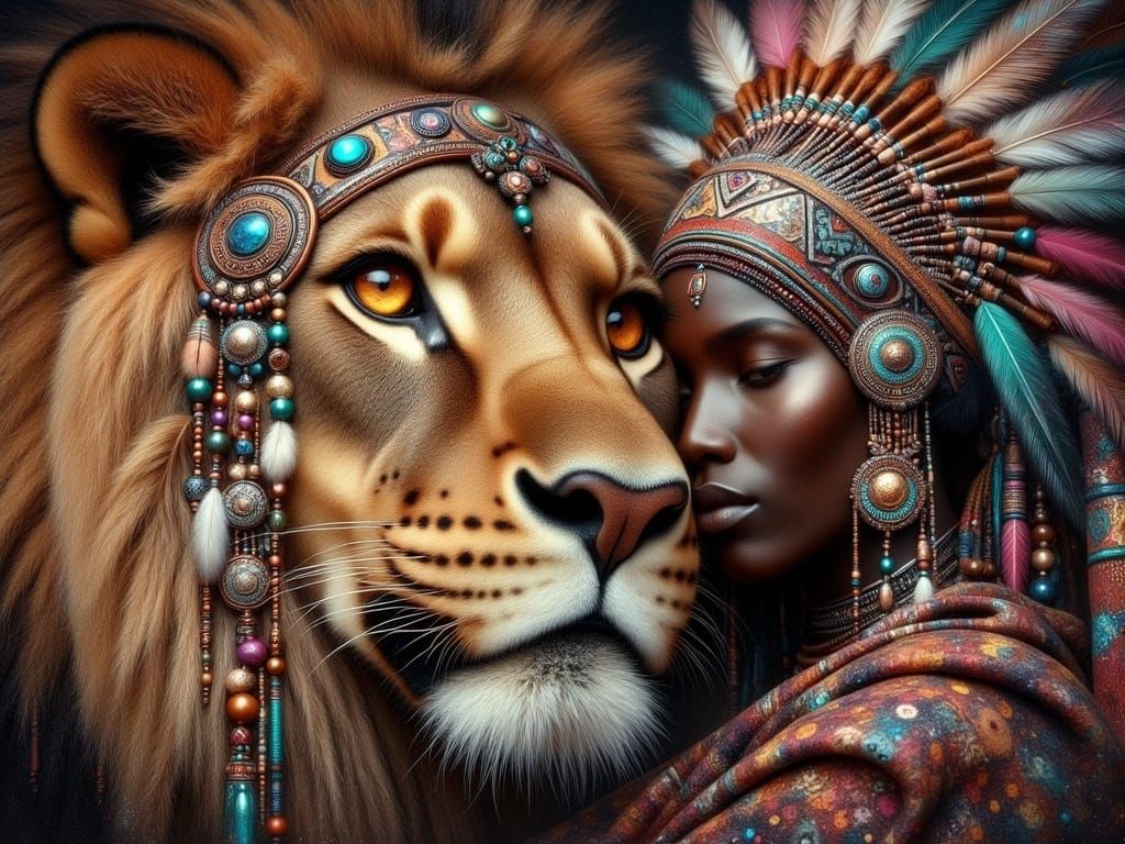 African Lion Portrait with Maasai Woman in Mystic Aura Style