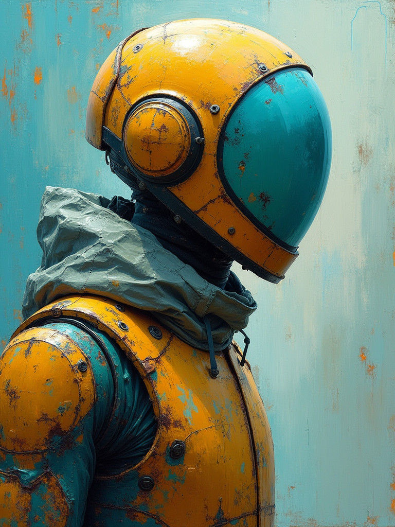 Turquoise Helmet Man in Abstract Digital Art Style