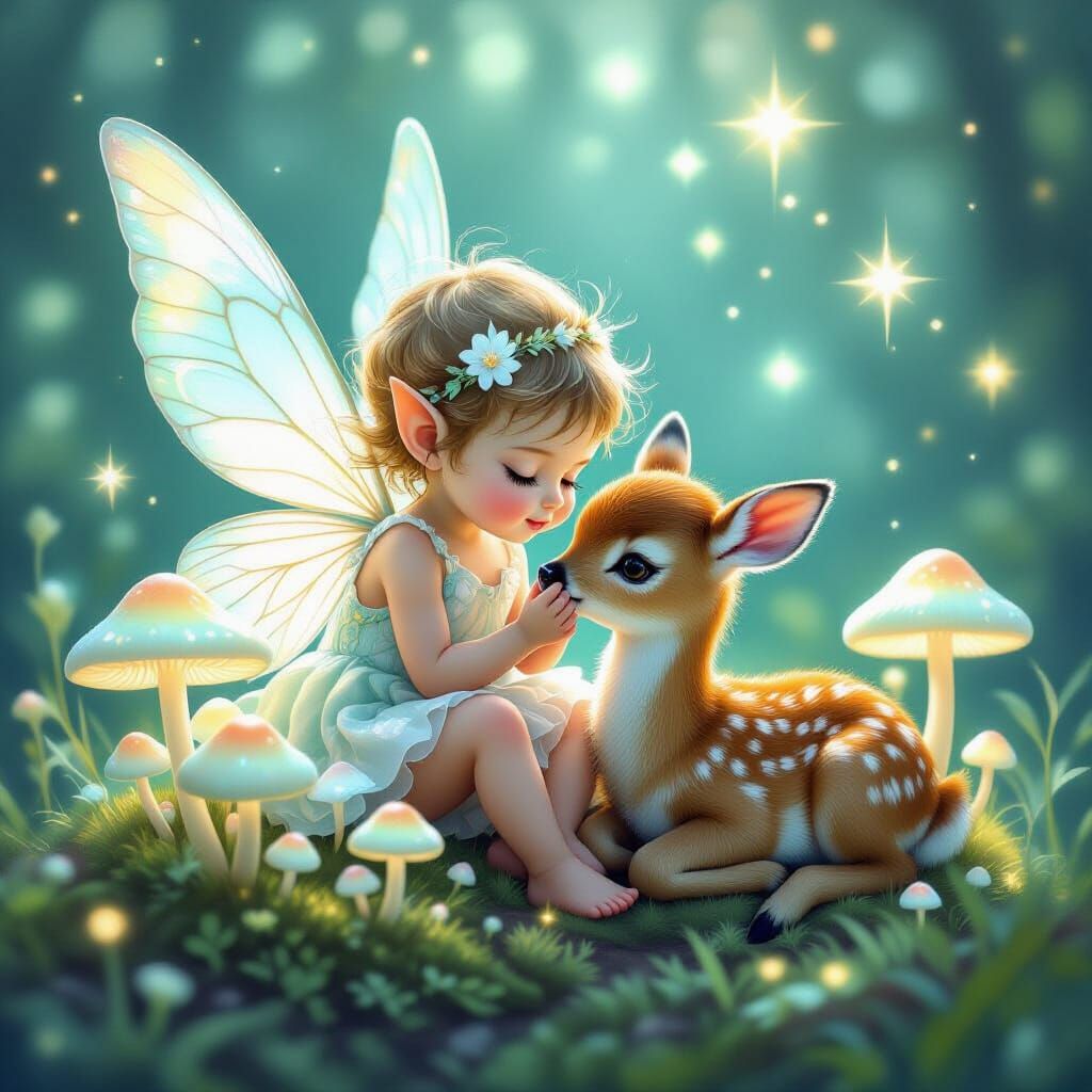 Tiny Fairy Baby with Fawn and Glowing Stars