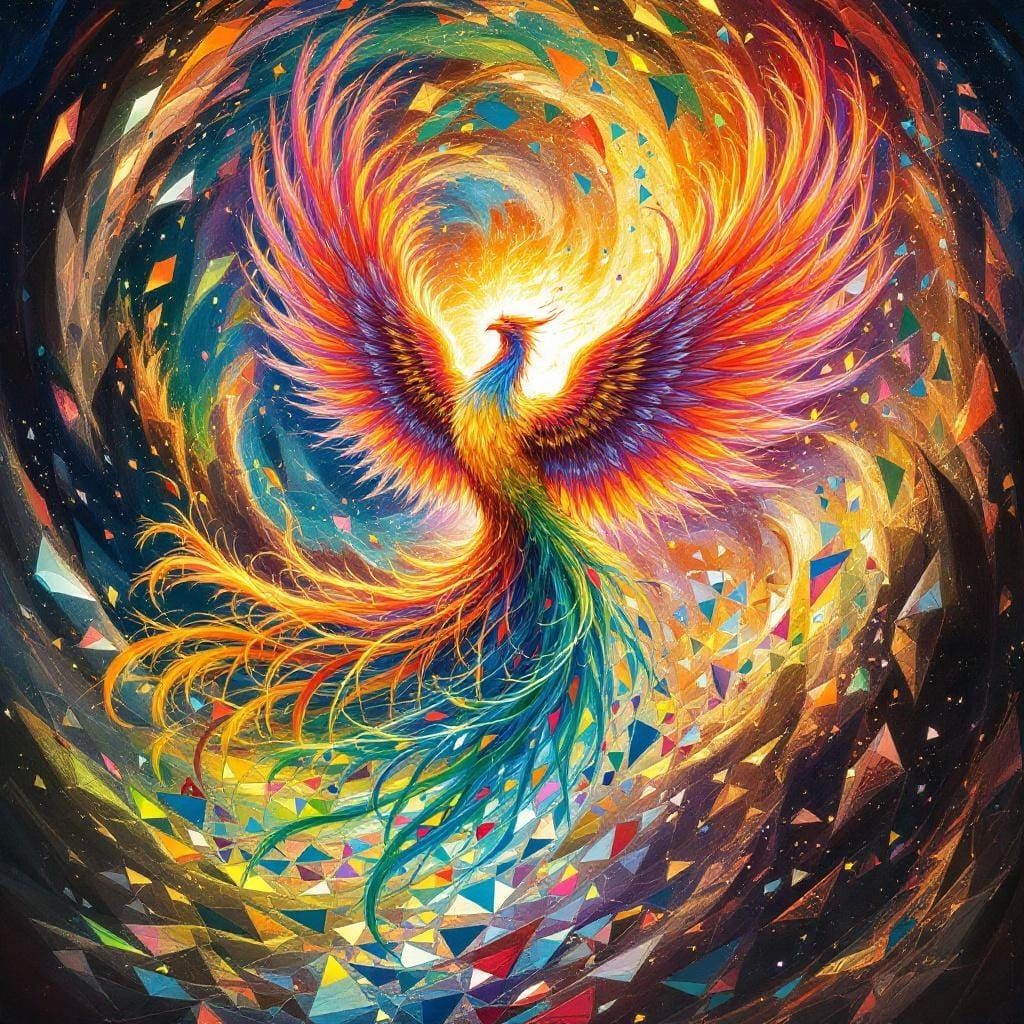 Kaleidoscopic Phoenix Rising from Mirrored Vortex