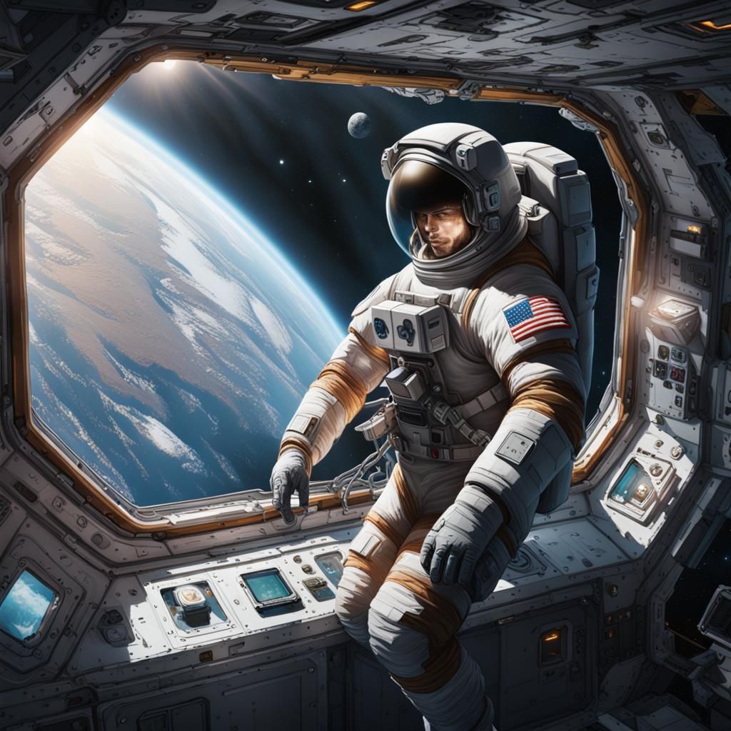 Astronaut Floating in Spaceship, Hyperdetailed Concept Art