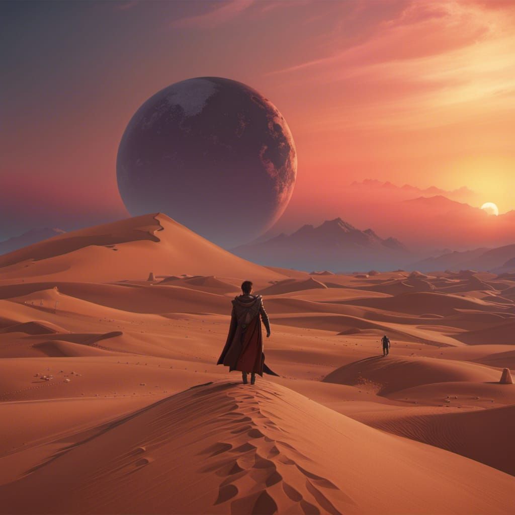 Arrakis Sunset: Paul Atreides in Detailed Matte Painting