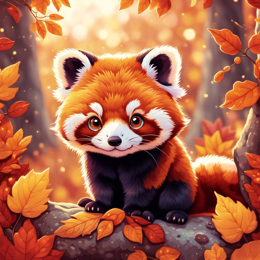 Adorable Cartoon Red Panda in Autumn Leaves