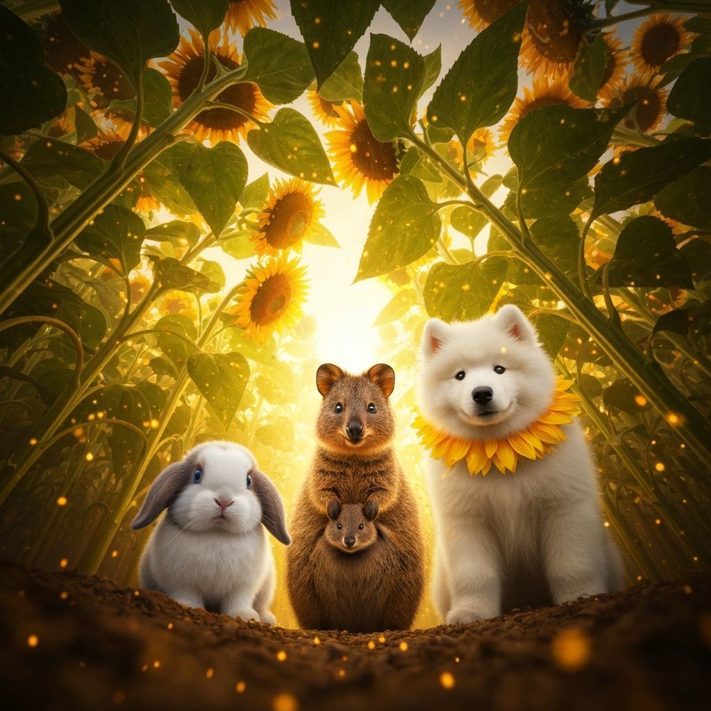 Whimsical Trio: Bunny, Quokka, Samoyed in Golden Hour