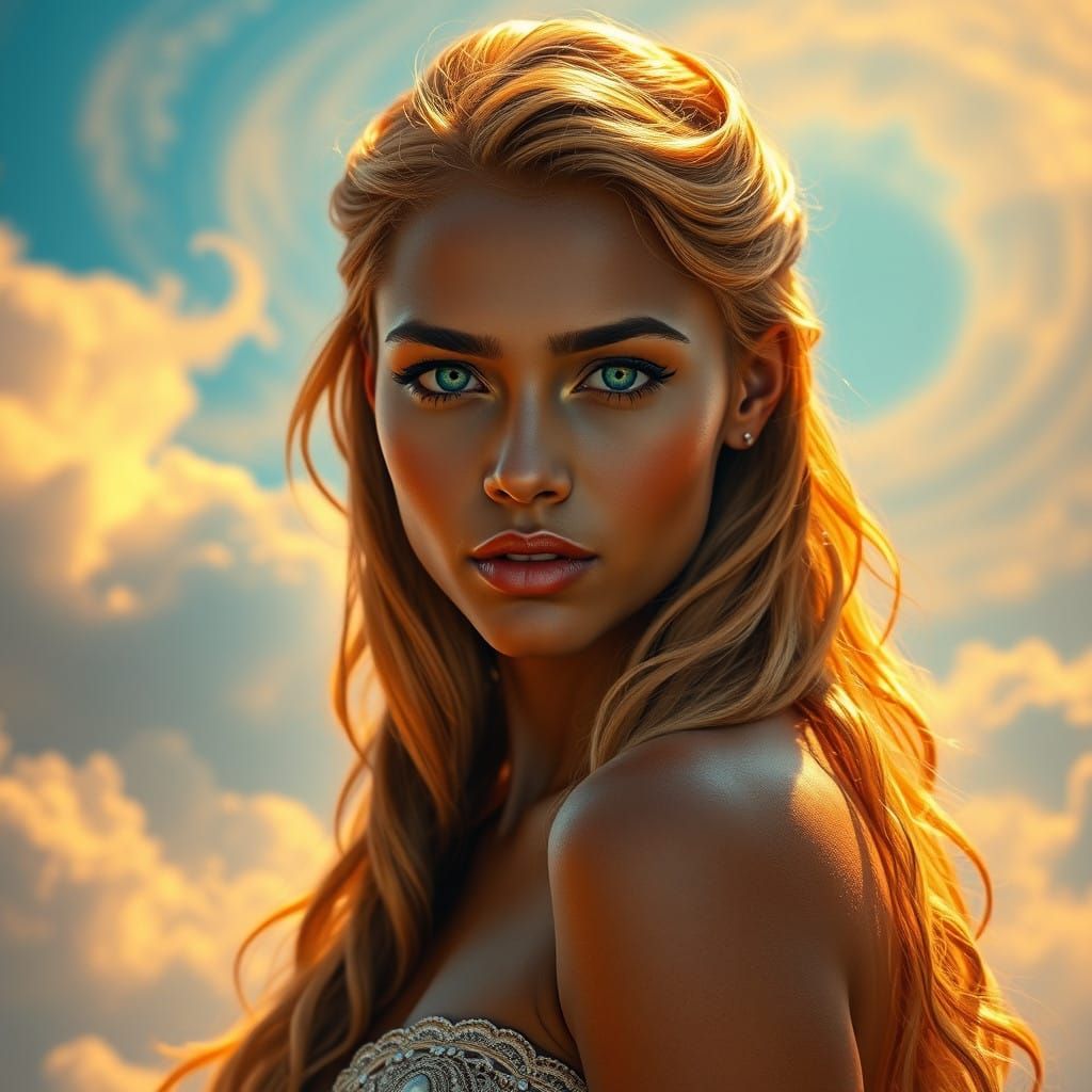 Radiant Sunset Goddess in Vibrant Ethereal Landscape