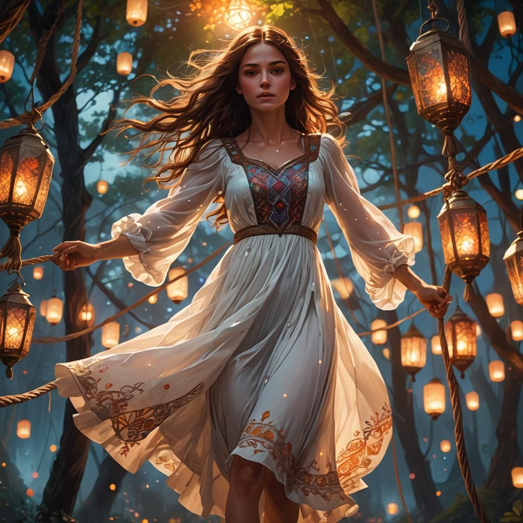 Girl on Tightrope in Fantasy Landscape