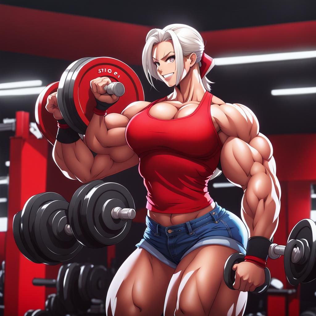 Muscular Woman Flexing and Lifting Weights in Anime Style
