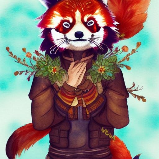 Red Panda Merchant in Watercolor Oriental Fantasy Style