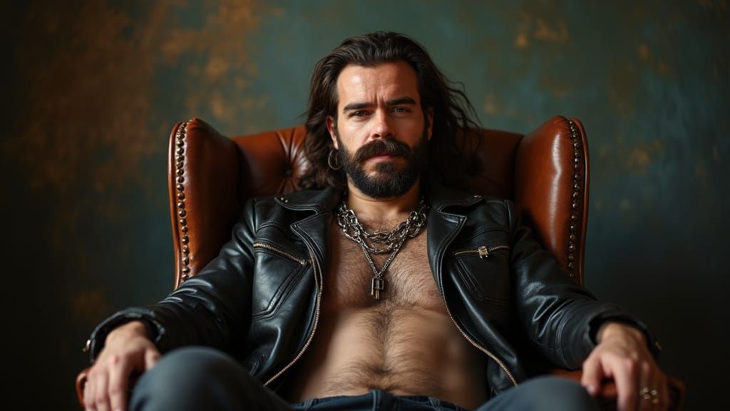 Tough Bearded Man with Husky Mustache in Leather and Chains