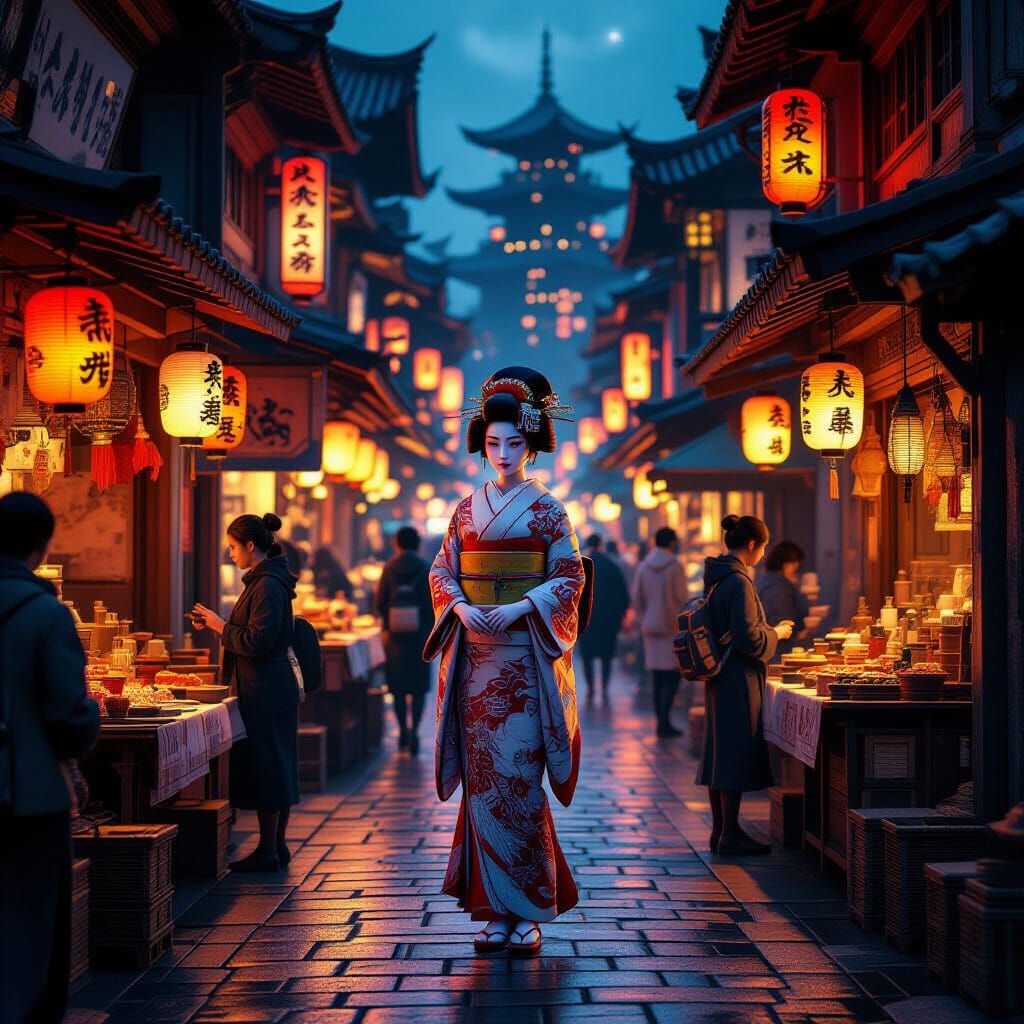 Cyberpunk Geisha in Decaying Metropolis Night Market