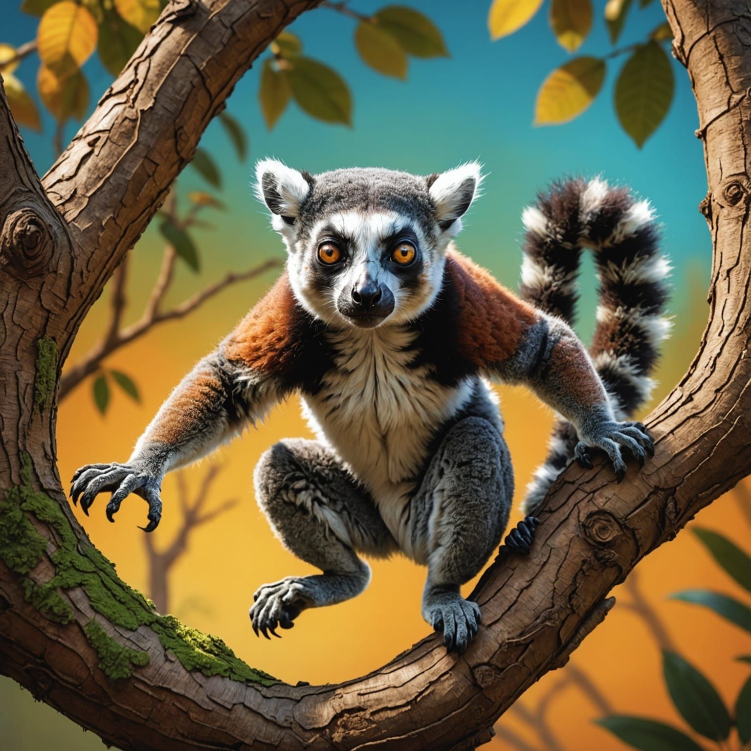 Hyperrealistic Lemur Leaping to Branch, Splash Art