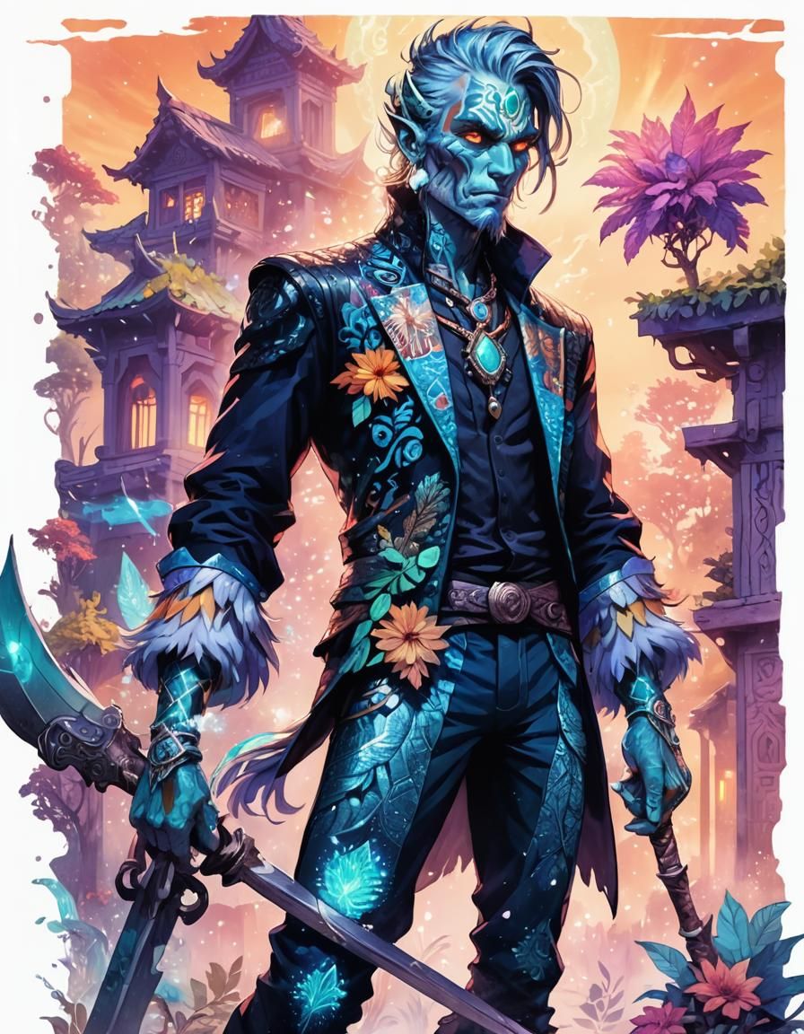 Anime Portrait of Scaled Shaman Creature in Neon