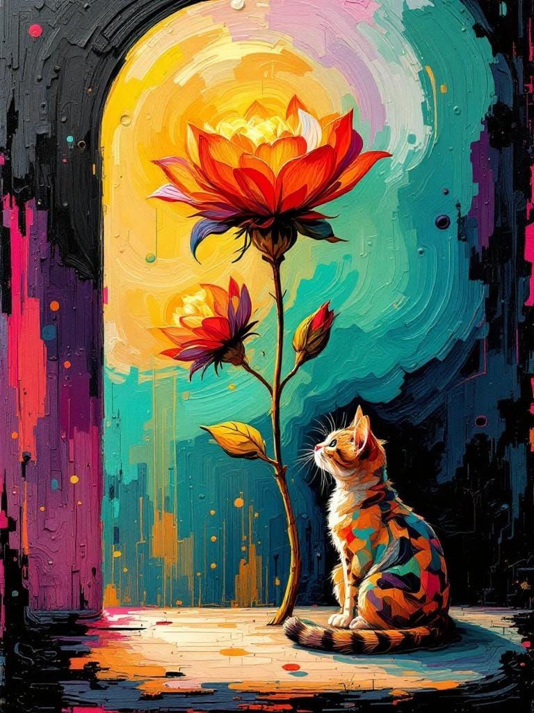 Cat Under Flower in Impasto Style