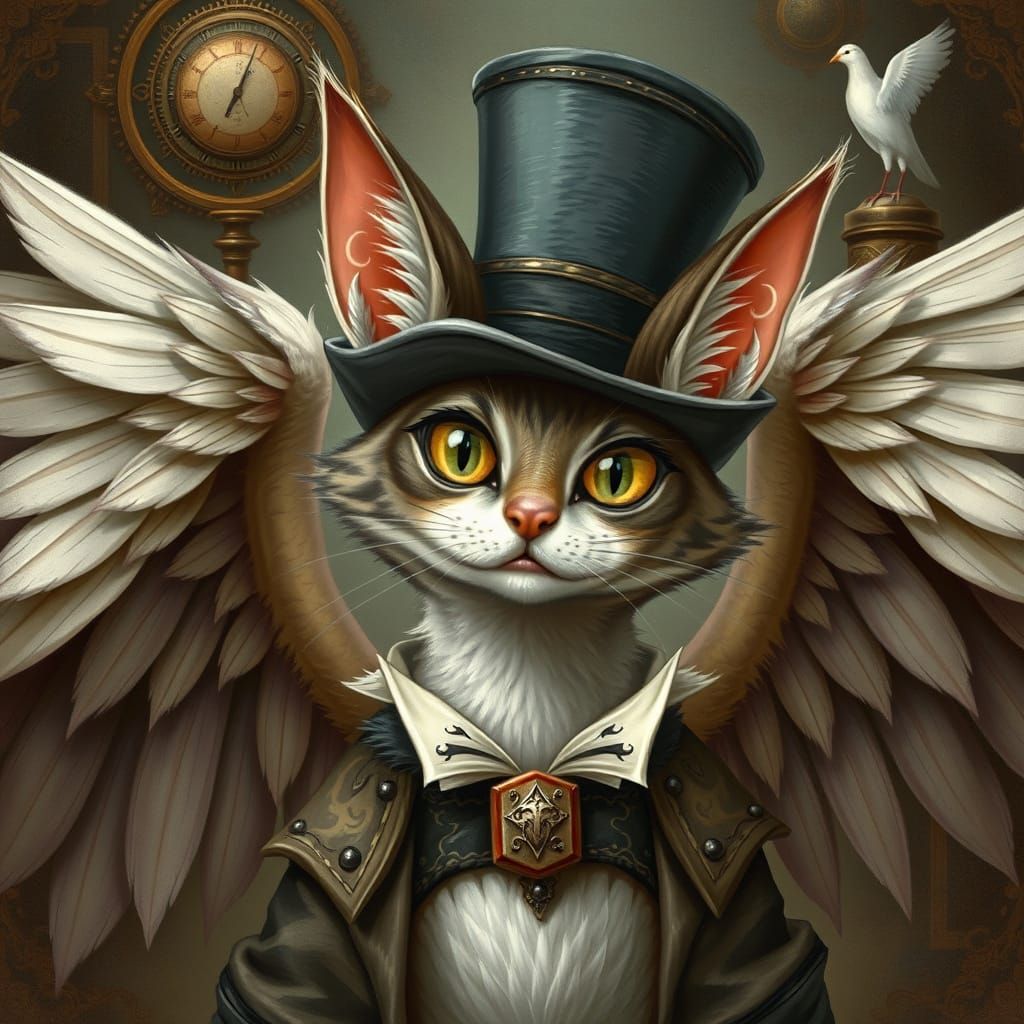 Steampunk Feline Canine Pigeon in Elegant Top Hat