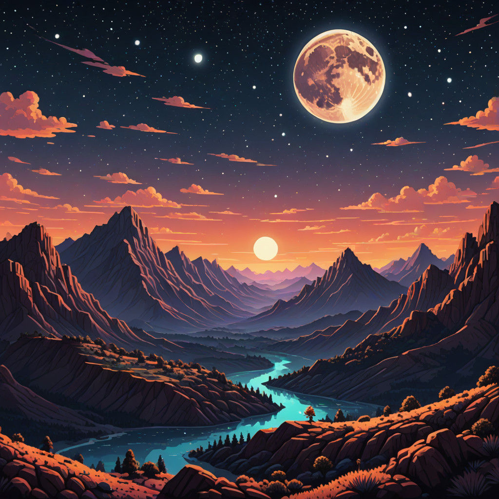 Vibrant Ektar Moonlit Landscape in Pixel Art Style