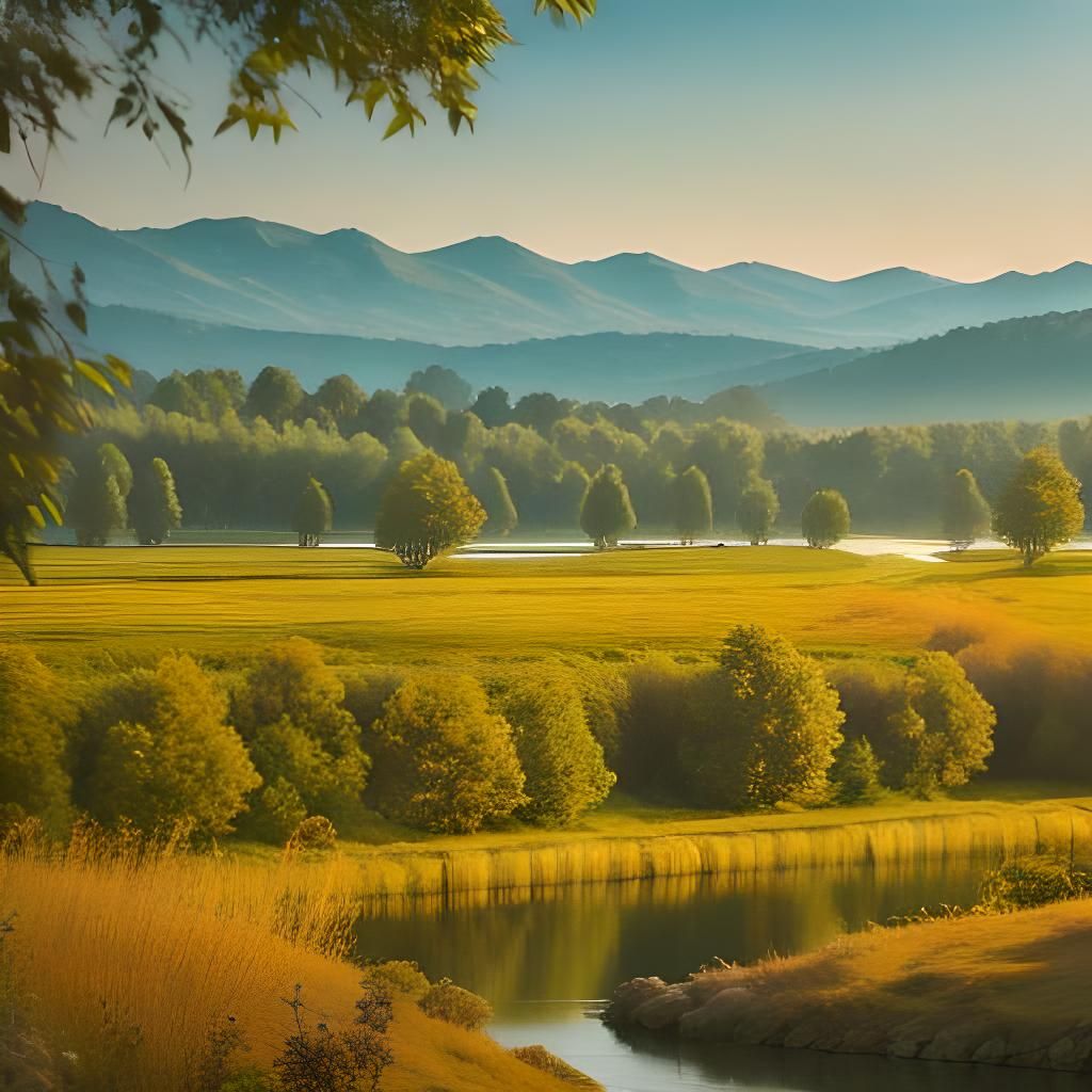 Sunlit River Landscape with Translucent Trees