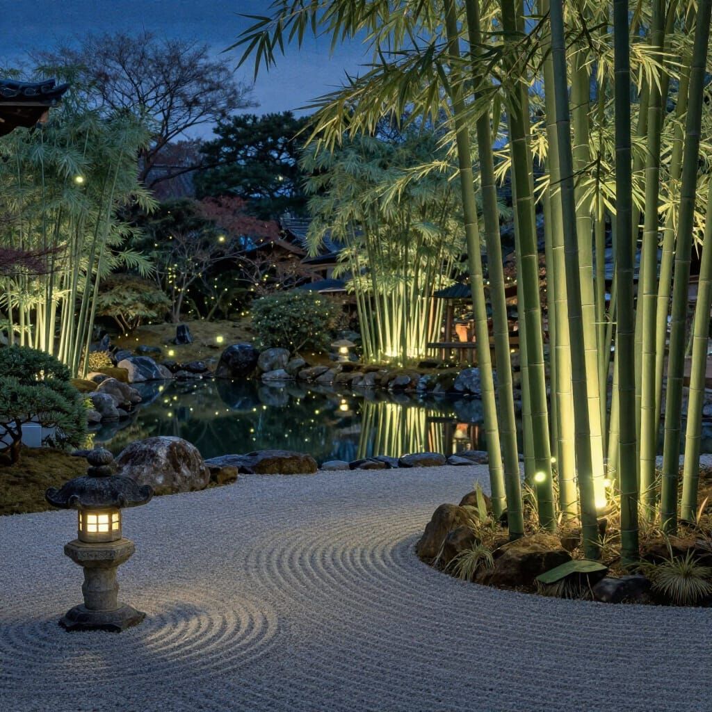 Serene Japanese Garden at Twilight in Ukiyo-e Style