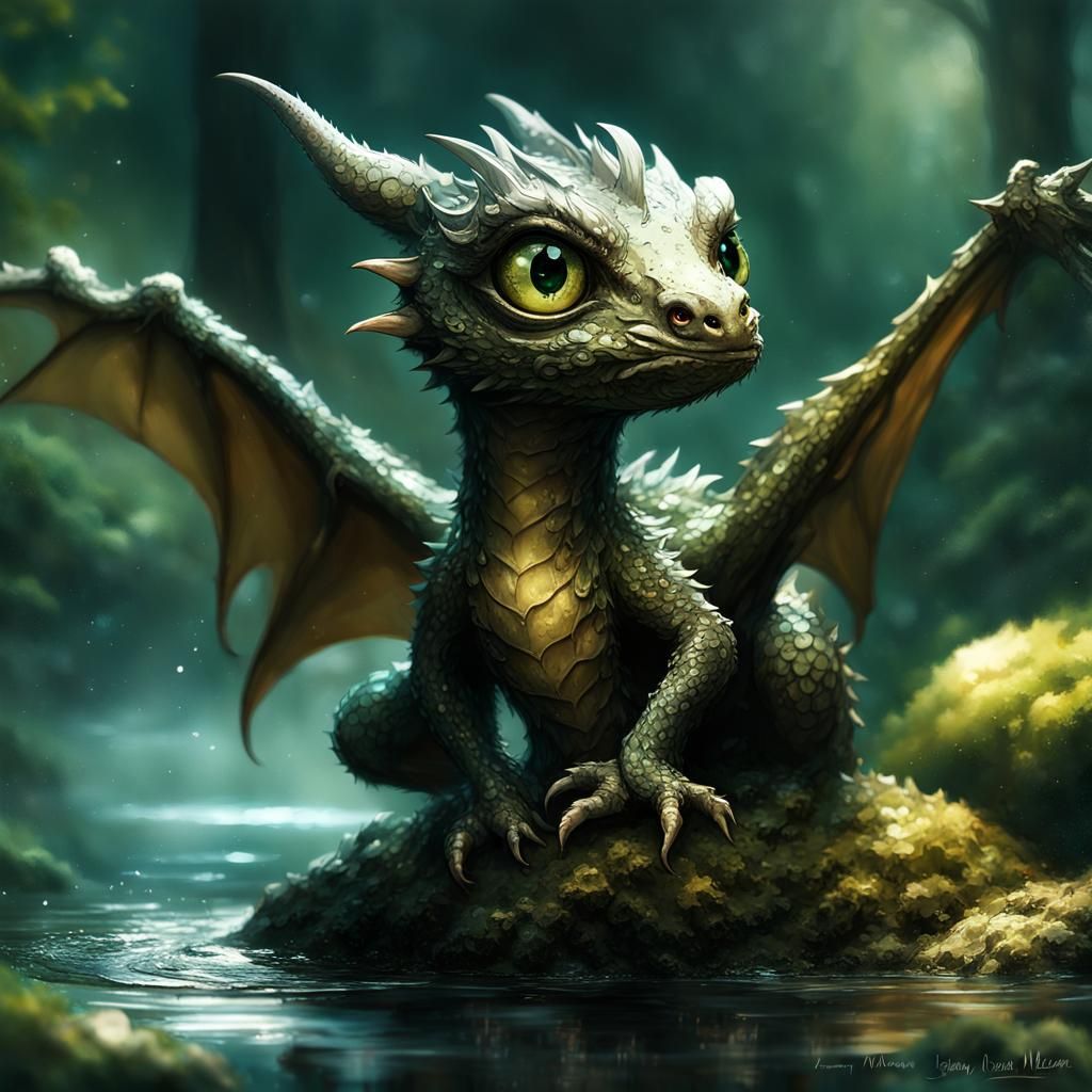 Chibi Forest Dragon with Big Eyes in Detailed Illustration