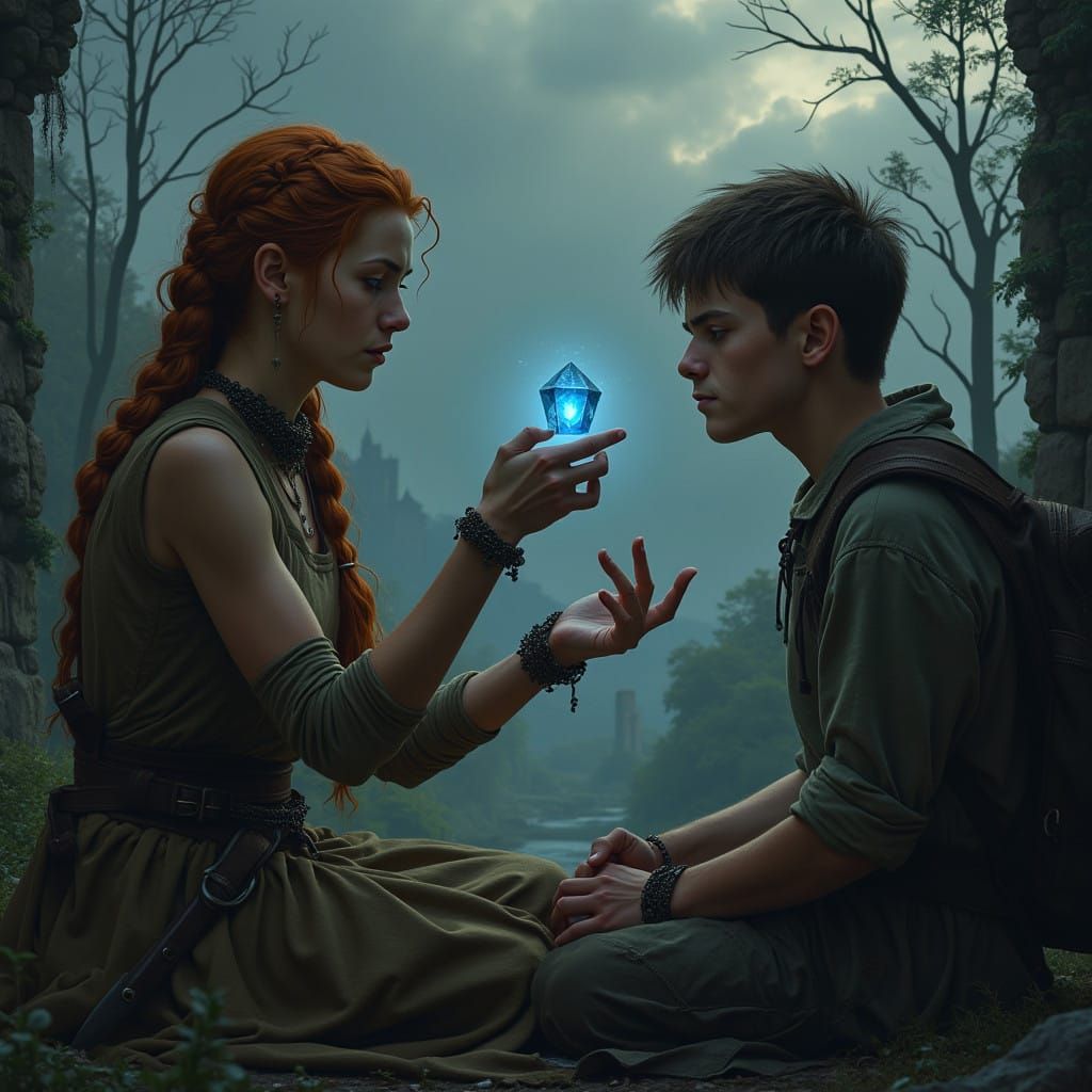 Young Woman in Medieval Ruins Heals a Wounded Knight with a...