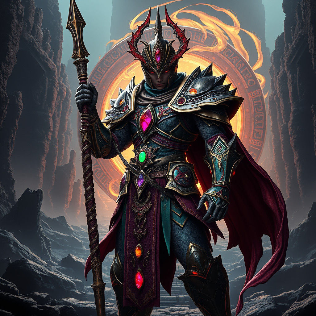 Gemstone Armored Warrior in Fantasy Landscape