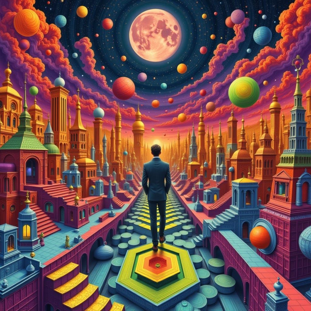 Man Trapped in a Colorful Escher Maze