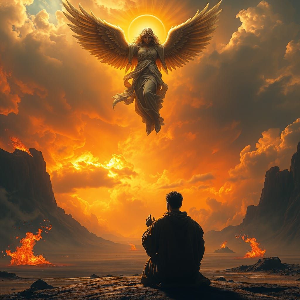 Hopeless Man Prays in Desolate Landscape with Angelic Interv...