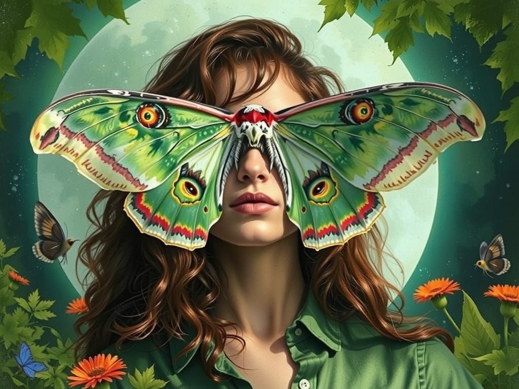 Woman's Face Covered by Luna Moth in Comic Style