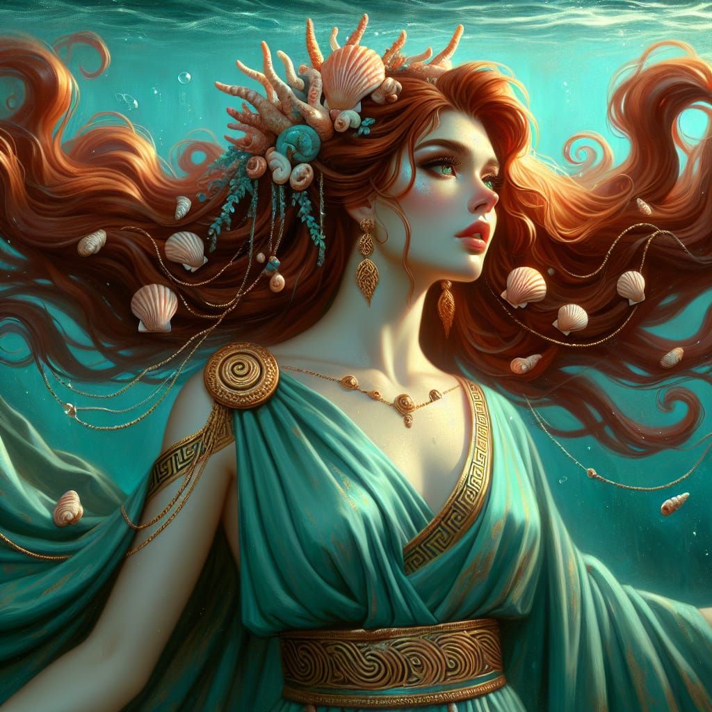 Auburn-Haired Amphitrite: Queen of the Ocean in Gouache