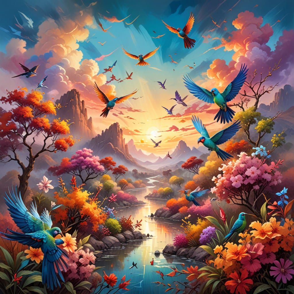 Vibrant Autumn Landscape With Exotic Birds