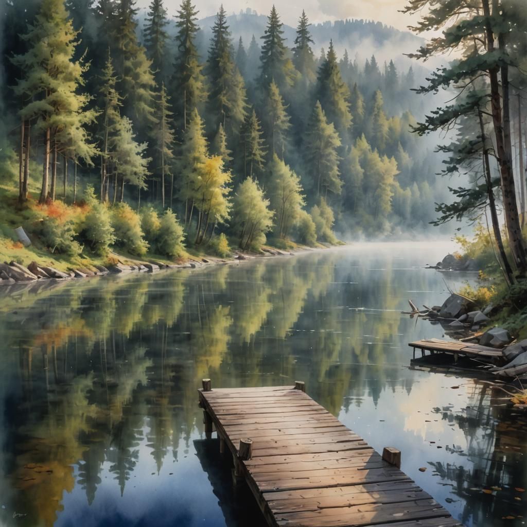 Misty Watercolor Lake Landscape in Painterly Style