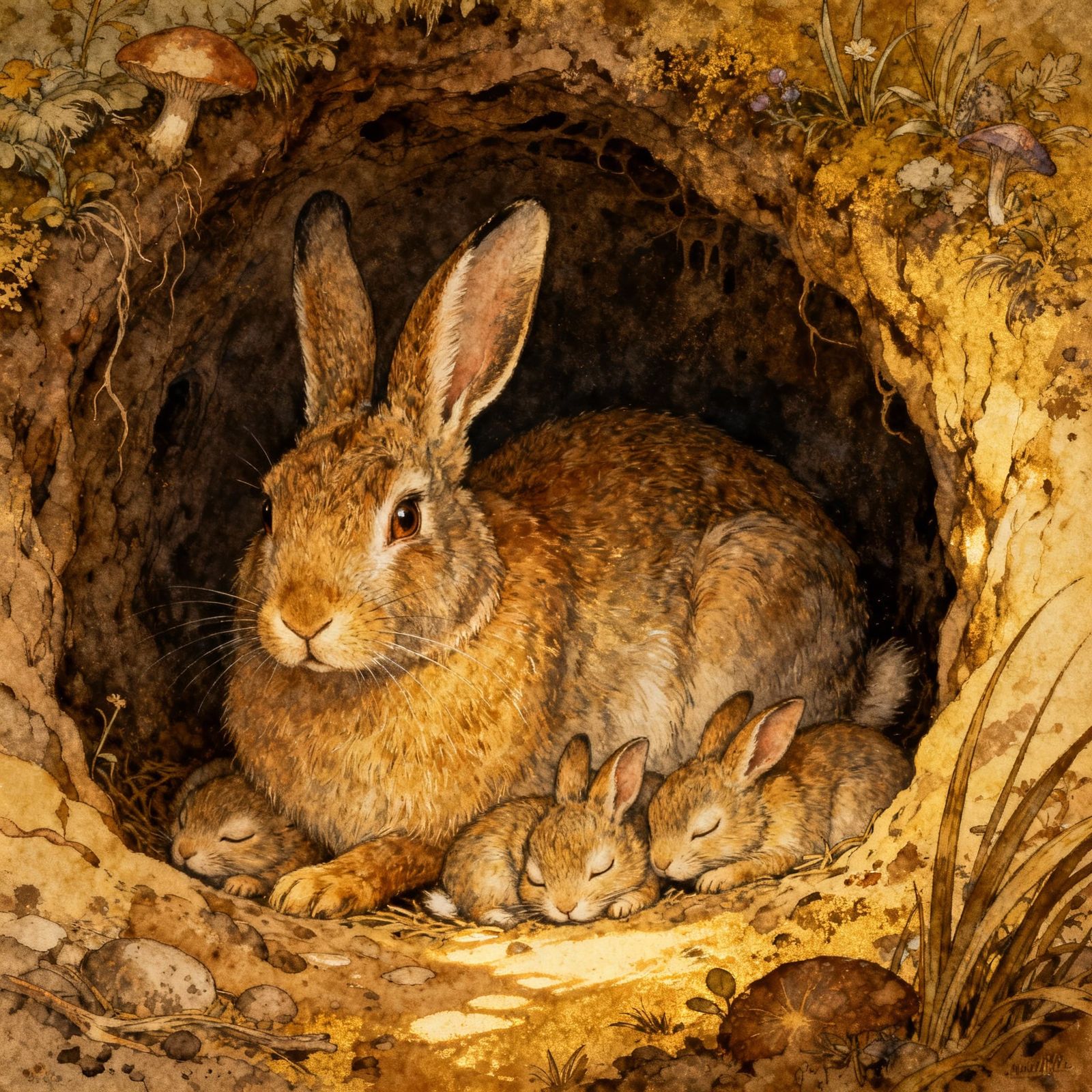 Mother Rabbit and Babies in Cozy Burrow Bromoil Print