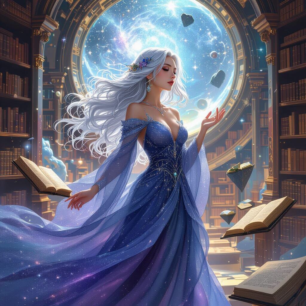 Celestial Sorceress in Cosmic Library: Art Nouveau Digital P...