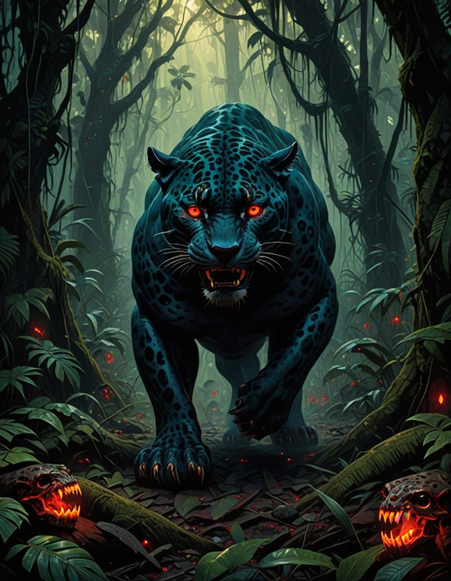 Mesoamerican Jaguar Awakens in a Gothic Horror Scene