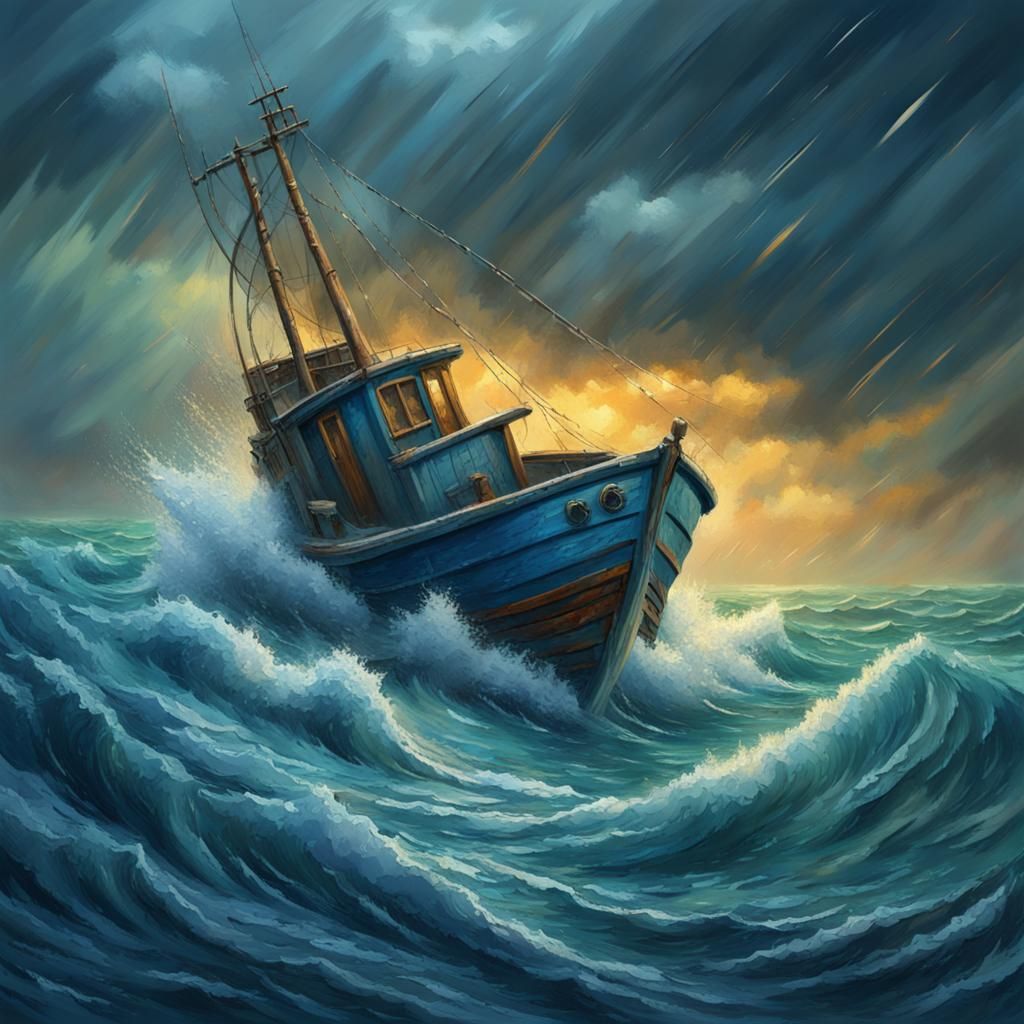 Fishing Boat in Storm, Neo-Impressionist Oil Painting