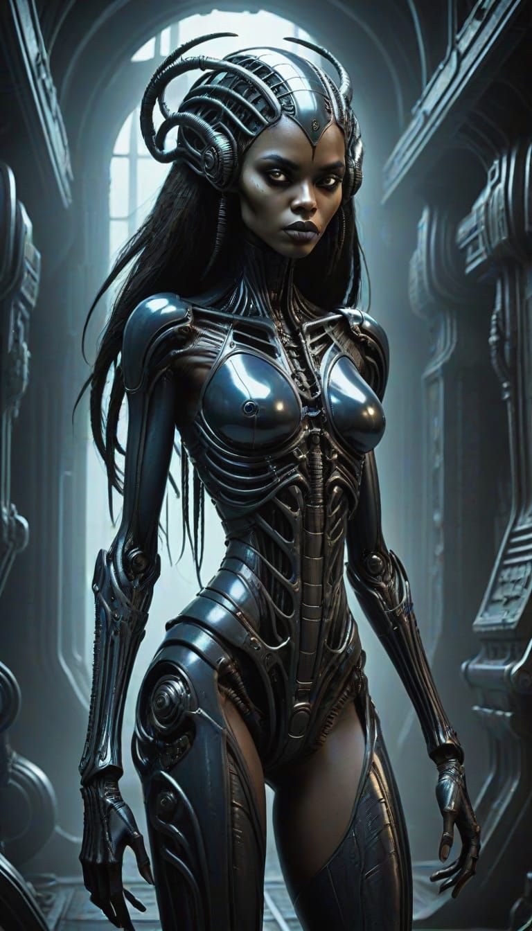 Alien Woman with Biomechanical Markings in Ethereal Glow
