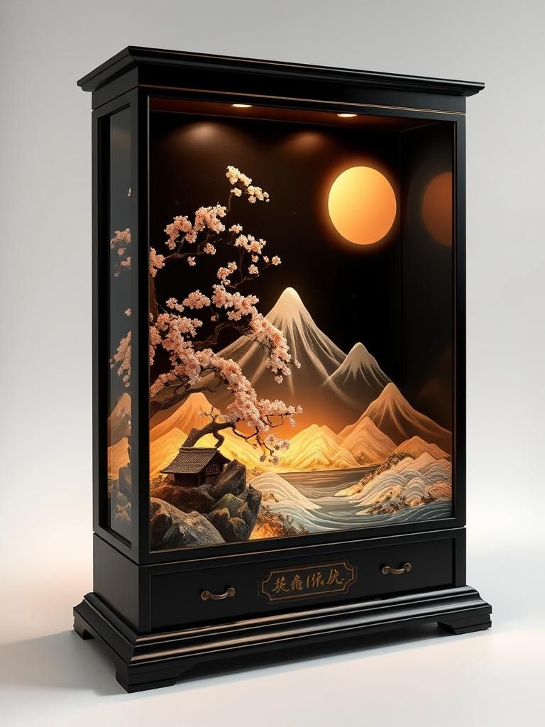 Japanese Landscape in Black Enamel Display Case