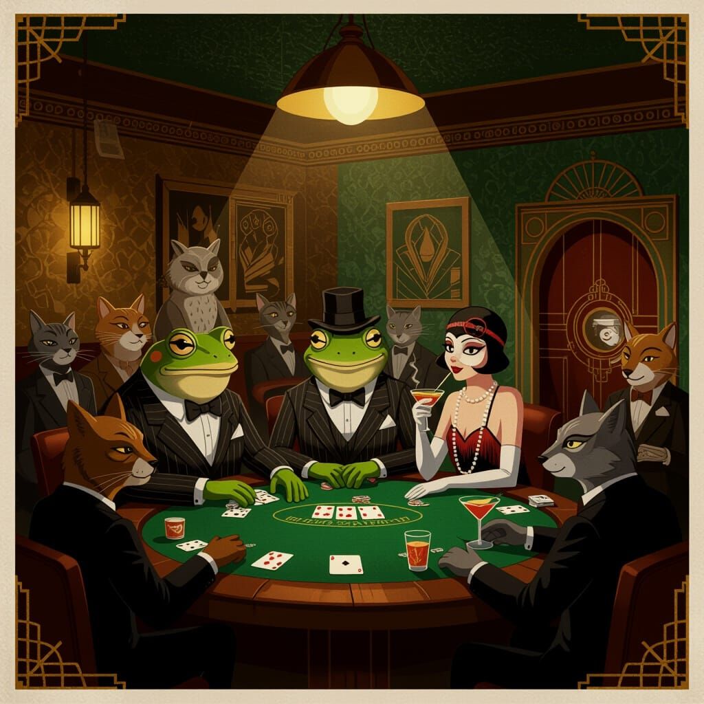 Anthropomorphic Animals Play Poker in Underground Speakeasy